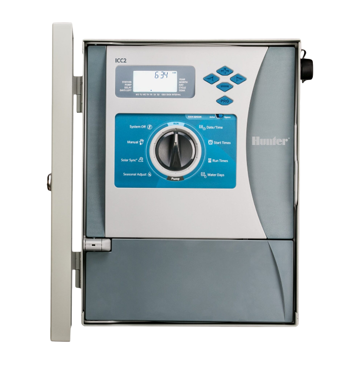 Gray metal Hunter ICC2 enclosure mounted outdoors, demonstrating metal wall-mount option and weather-resistant construction (IP55).