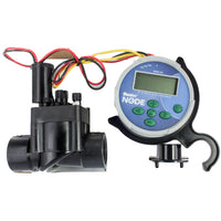 Hunter NODE single-station controller bundled with PGV-101G valve and DC latching solenoid, shown assembled for single-valve operation.