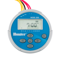 Hunter NODE two-station controller front view highlighting rugged waterproof enclosure, program display, and solenoid connection points.