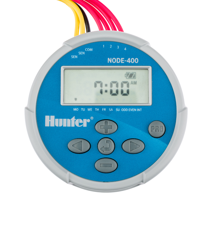 Hunter NODE four-station battery-operated controller showing multiple station terminals, LCD readout, and durable external housing for valve boxes.