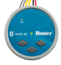 Hunter NODE-BT 1-station Bluetooth battery irrigation controller, front view showing LED indicators and sealed battery compartment.