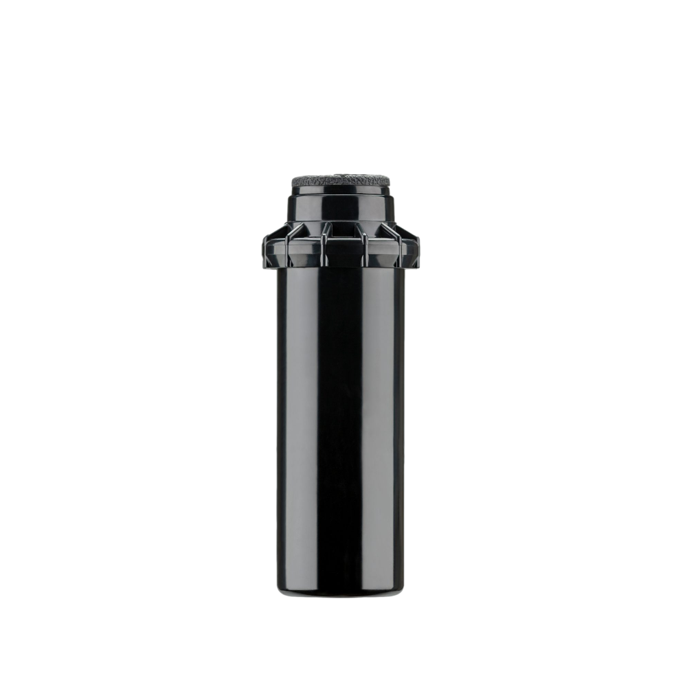 Front and side view of a Hunter PGP Ultra 4 in. pop-up rotor showing the plastic riser, nozzle opening and body profile, suitable for turf irrigation (detailed product photo).