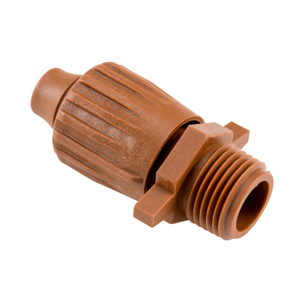 Front and side view of brown Hunter PLD-LOC coupling PLD-LOC-050 for 17mm dripline, showing threaded 1/2 in. MIPT connection and push-on insert.