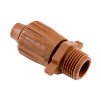 Front and side view of brown Hunter PLD-LOC coupling PLD-LOC-050 for 17mm dripline, showing threaded 1/2 in. MIPT connection and push-on insert.