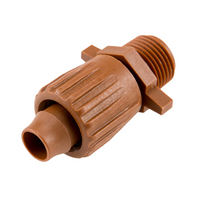 Close-up of Hunter PLD-LOC coupling PLD-LOC-050 in brown, highlighting push-on insertion, locking threads, and compatibility with 17mm tubing.