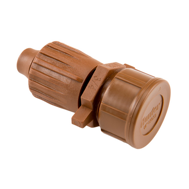 Side and angle view of Hunter PLD-LOC 17 mm end cap for drip irrigation, highlighting push-on design, locking threads, and brown color for HDL-style dripline.