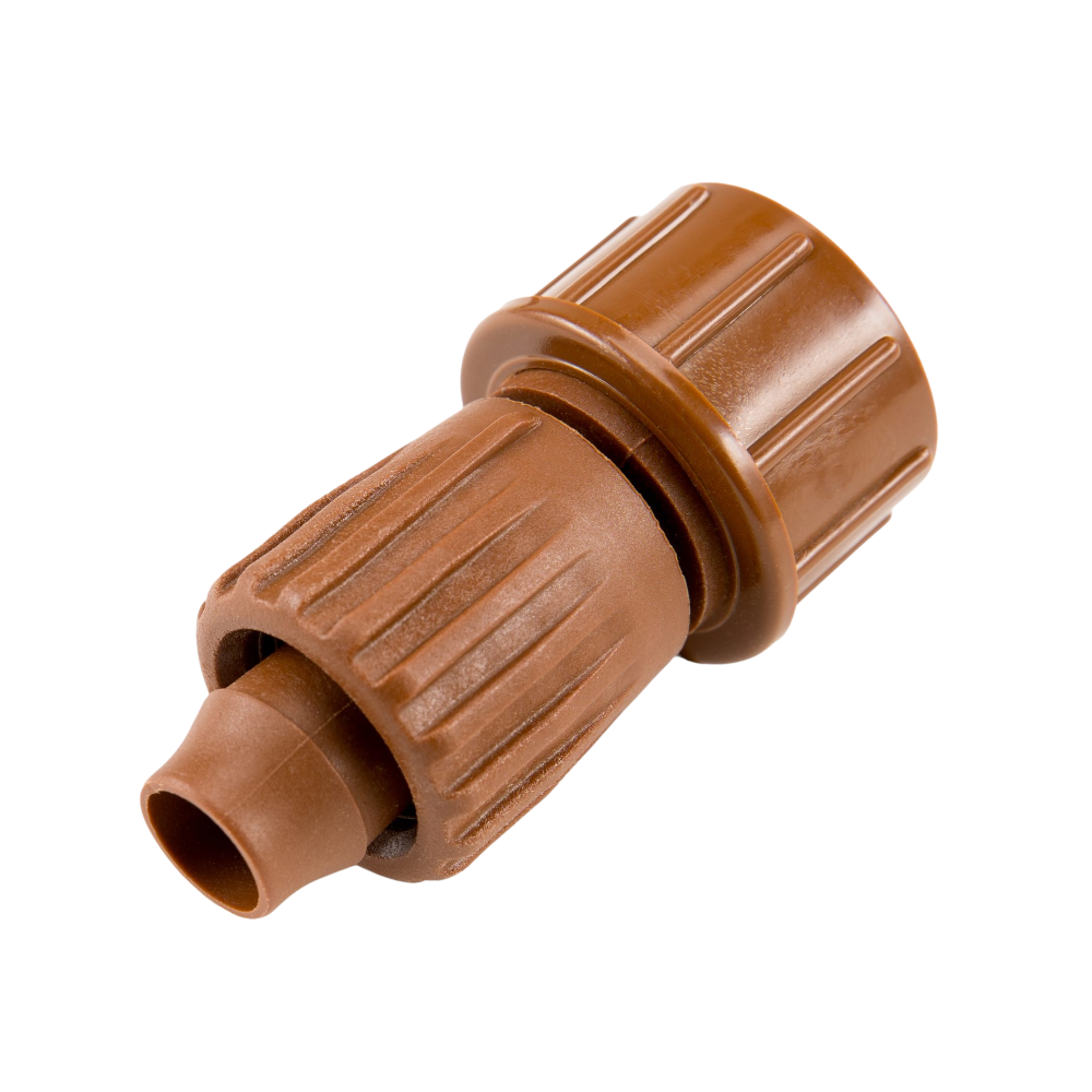 Front view of Hunter PLD-LOC FHS 3/4 in female hose swivel; brown finish and push-on threaded lock for 16–18 mm dripline.