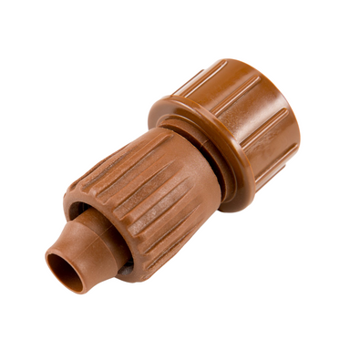 Front view of Hunter PLD-LOC FHS 3/4 in female hose swivel; brown finish and push-on threaded lock for 16–18 mm dripline.