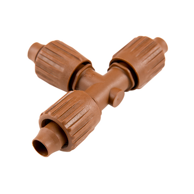 Brown Hunter PLD-LOC Tee 17 mm push-on dripline connector, front view showing three push-on barbed ports and ribbed body for secure fit and low profile.