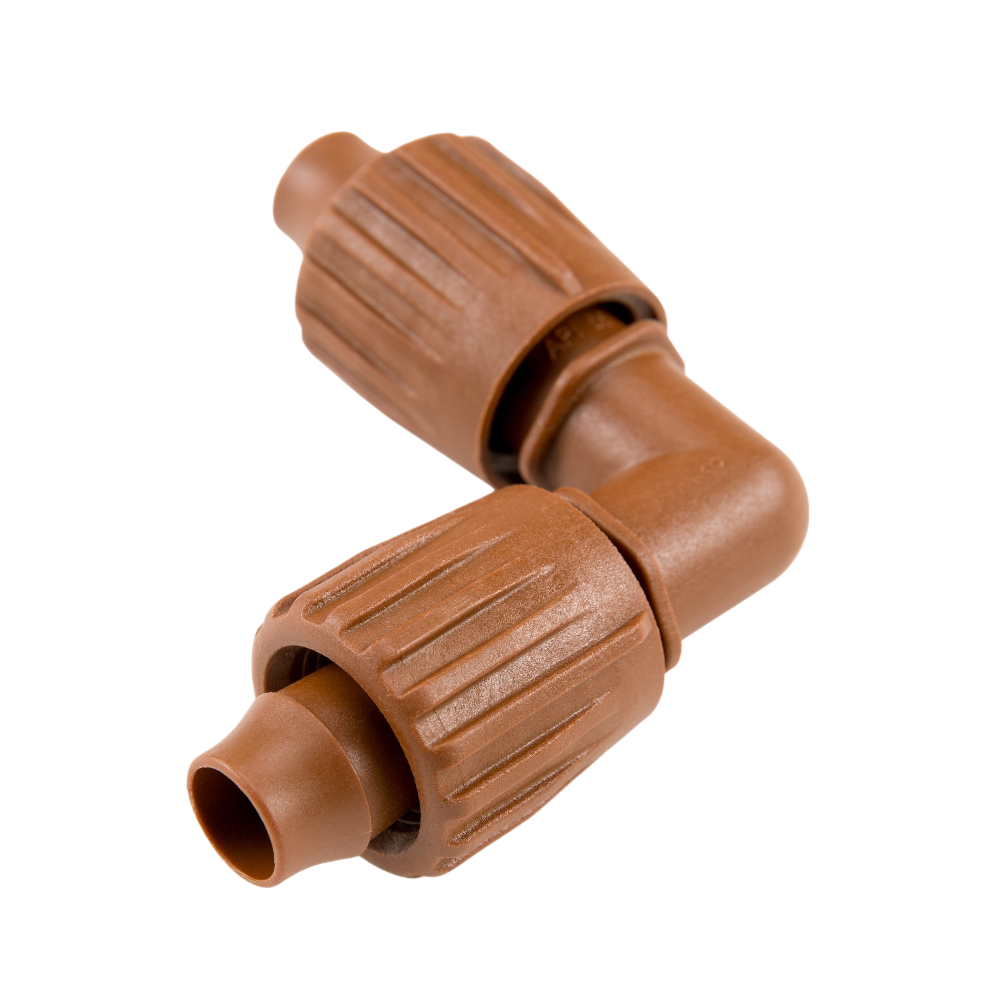 Front and side view of Hunter PLD-LOC elbow in brown, showing threaded locking ring and 17 mm push-on connection for dripline systems.