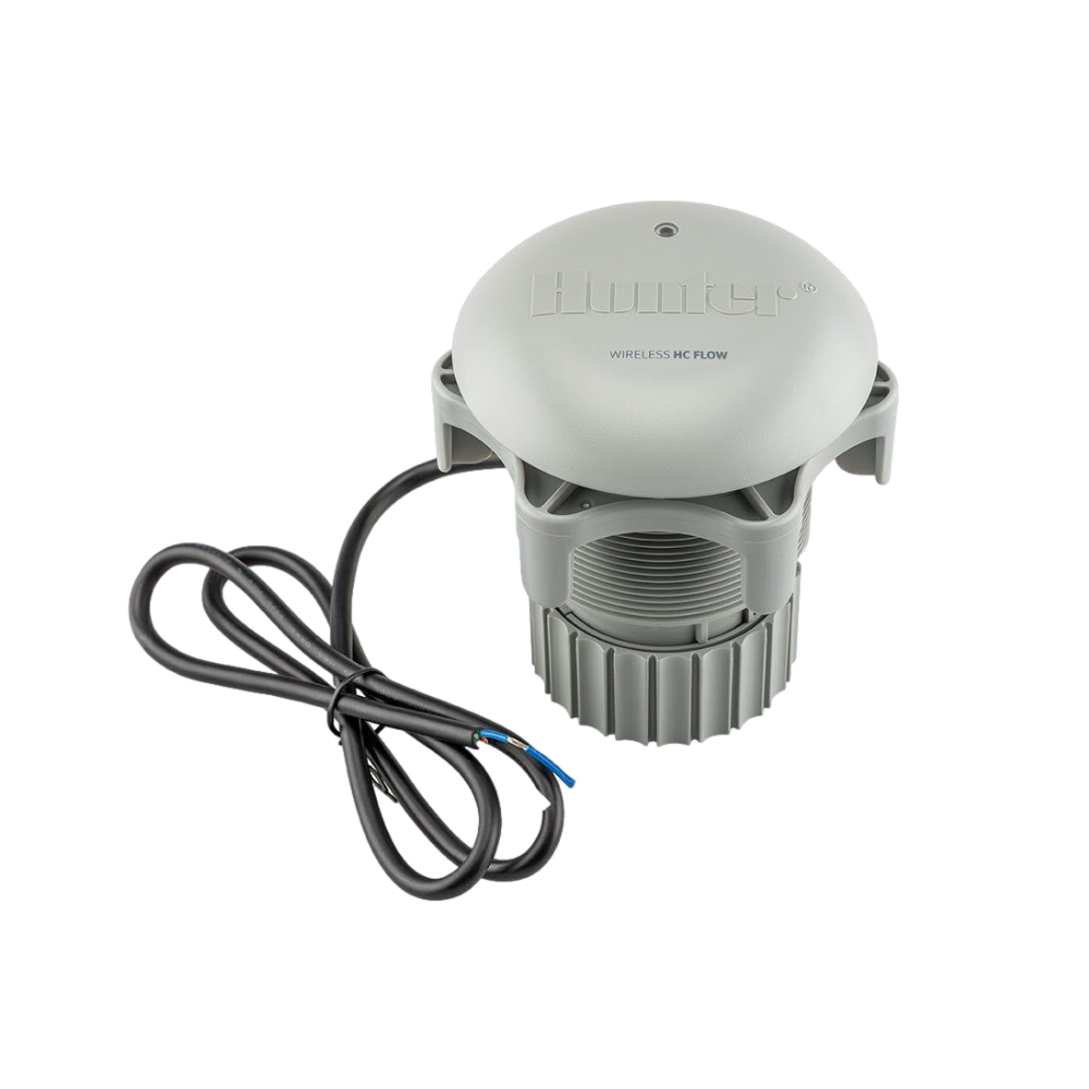 Hunter WHCFLOW kit: transmitter and receiver with wiring harness and battery pack shown on white background.