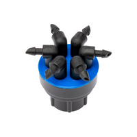 Front view of Hunter Multi‑Port Emitter showing six pressure‑compensating ports, swivel elbows, and 1/2" inlet, suitable for drip irrigation systems.