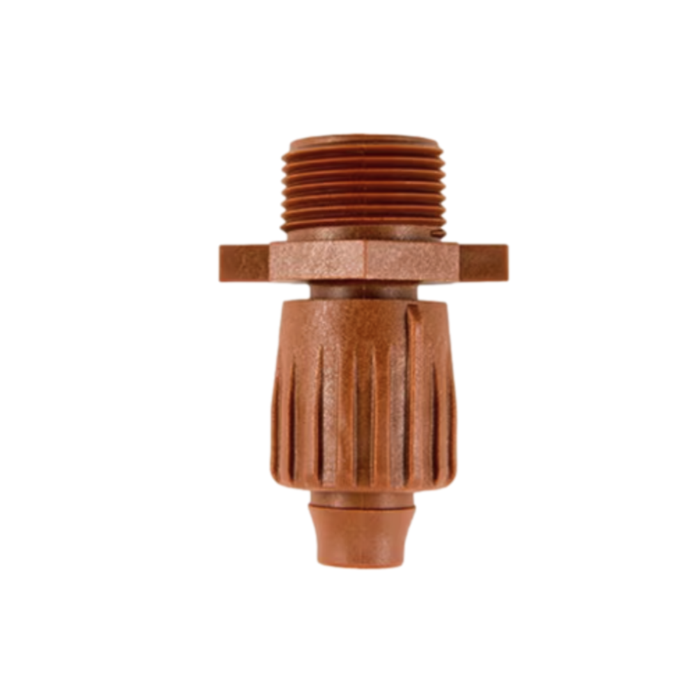 Close-up of Hunter PLD-LOC coupling (3/4 in to 17 mm MIPT), glass-filled polypropylene drip irrigation connector on white background