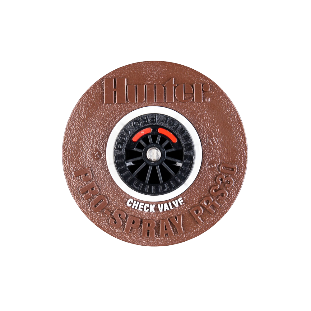 Close view of Hunter PRO-SPRAY PRS30 showing optional check valve assembly, designed to eliminate low-head drainage and maintain head pressure after shutdown.