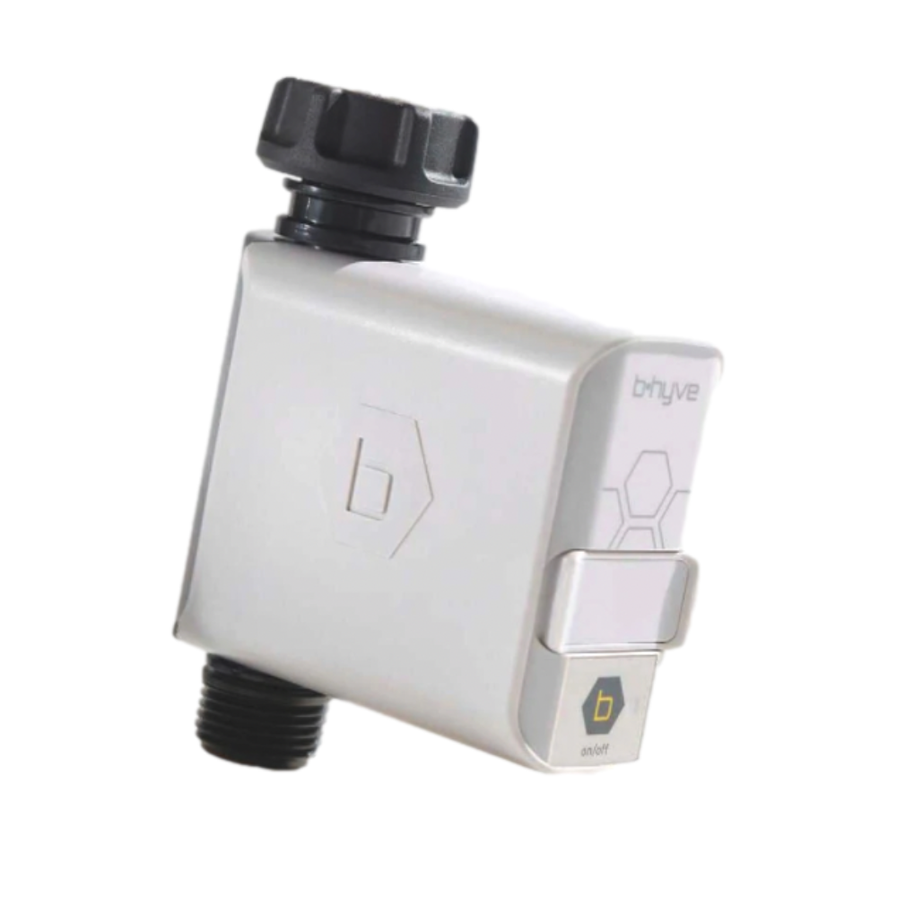 Front view of Orbit B-hyve HR21004 smart hose timer attached to a faucet showing control dial and LCD display for scheduling.