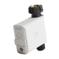 Close-up of the Orbit B-hyve HR21004 showing the built-in flow meter area and battery compartment access on the back.