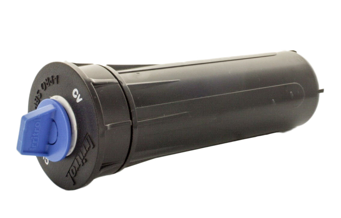 Top view of I-PRO400-CV pop-up spray head showing textured cap and exposed diameter with blue flush plug installed.