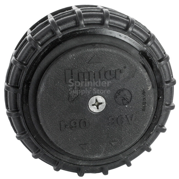 Top and nozzle assembly close-up of Hunter I-90-36V rotor highlighting opposing nozzles and color-coded nozzle ports.