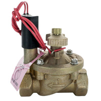 Hunter IBV101GFS 1-inch brass globe valve with integrated Filter Sentry debris screen, side view showing female inlet ports and flow-control stem (commercial irrigation valve).