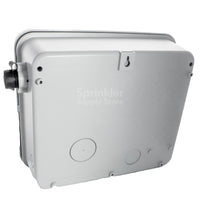 Close-up of Hunter I-Core IC600PL backlit LCD display and control dial on the six-station outdoor plastic controller.