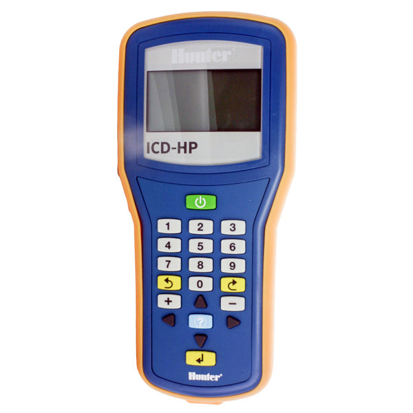 Front view of Hunter ICD-HP handheld decoder programmer showing keypad, backlit display, rugged housing for outdoor field use.