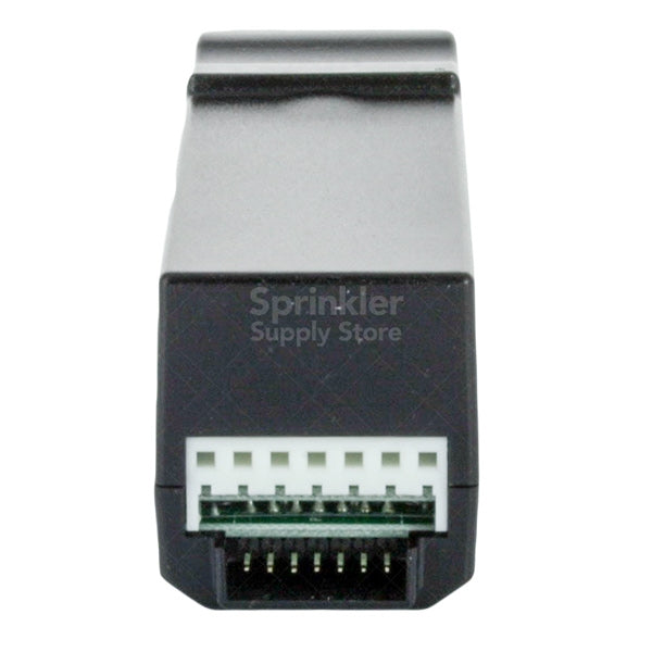 Close-up of Hunter I‑Core ICM600 6‑station module showing terminal strip, connector pins, and module labeling on white background.
