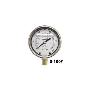 American Granby, Inc ILPG10025-4L 2.5" liquid-filled pressure gauge, 0–100 PSI, stainless steel case, 1/4" MIP lower connection.