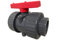 Gray 2-inch Schedule 80 PVC true-union slip ball valve, angled view showing union connectors and full-port slip ends for solvent-weld installation.
