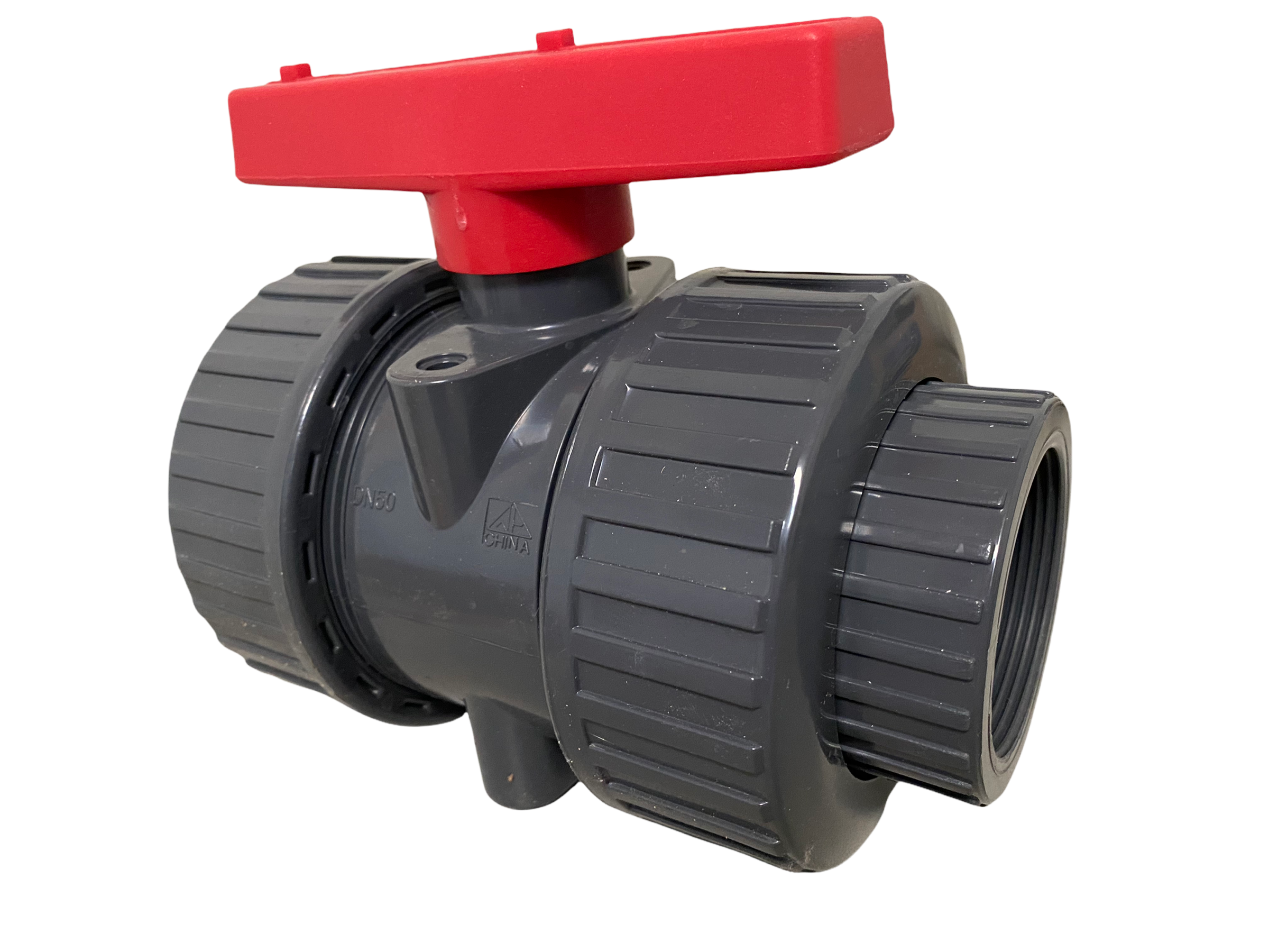 Gray 2-inch Schedule 80 PVC true-union slip ball valve, angled view showing union connectors and full-port slip ends for solvent-weld installation.