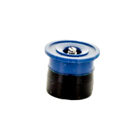 Close-up of blue I-PRO IPN-10F fixed spray nozzle showing color-coded top, built-in filter screen, and ribbed edge grip for installation.