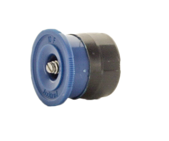 Front view of blue IPN-10F full 360° fixed nozzle illustrating nozzle top, spray openings, and filter housing detail.