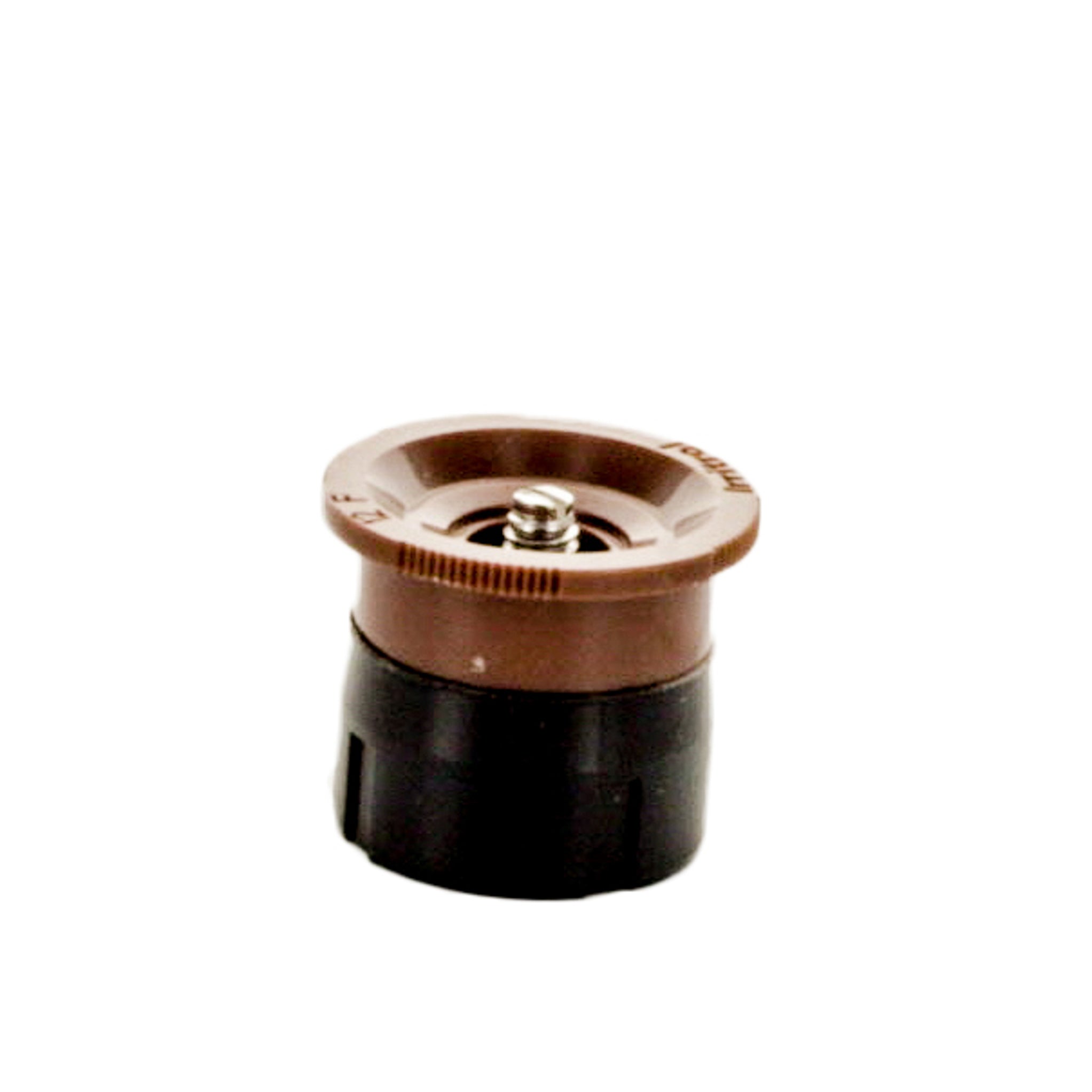 Front view of I-PRO IPN-12F irrigation nozzle showing brown color-coded top, threaded base, ribbed grip and built-in filter.