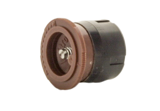 Top-angle view of IPN-12T showing brown identification top, spray orifice, and filter assembly on the I-PRO matched-precipitation nozzle.