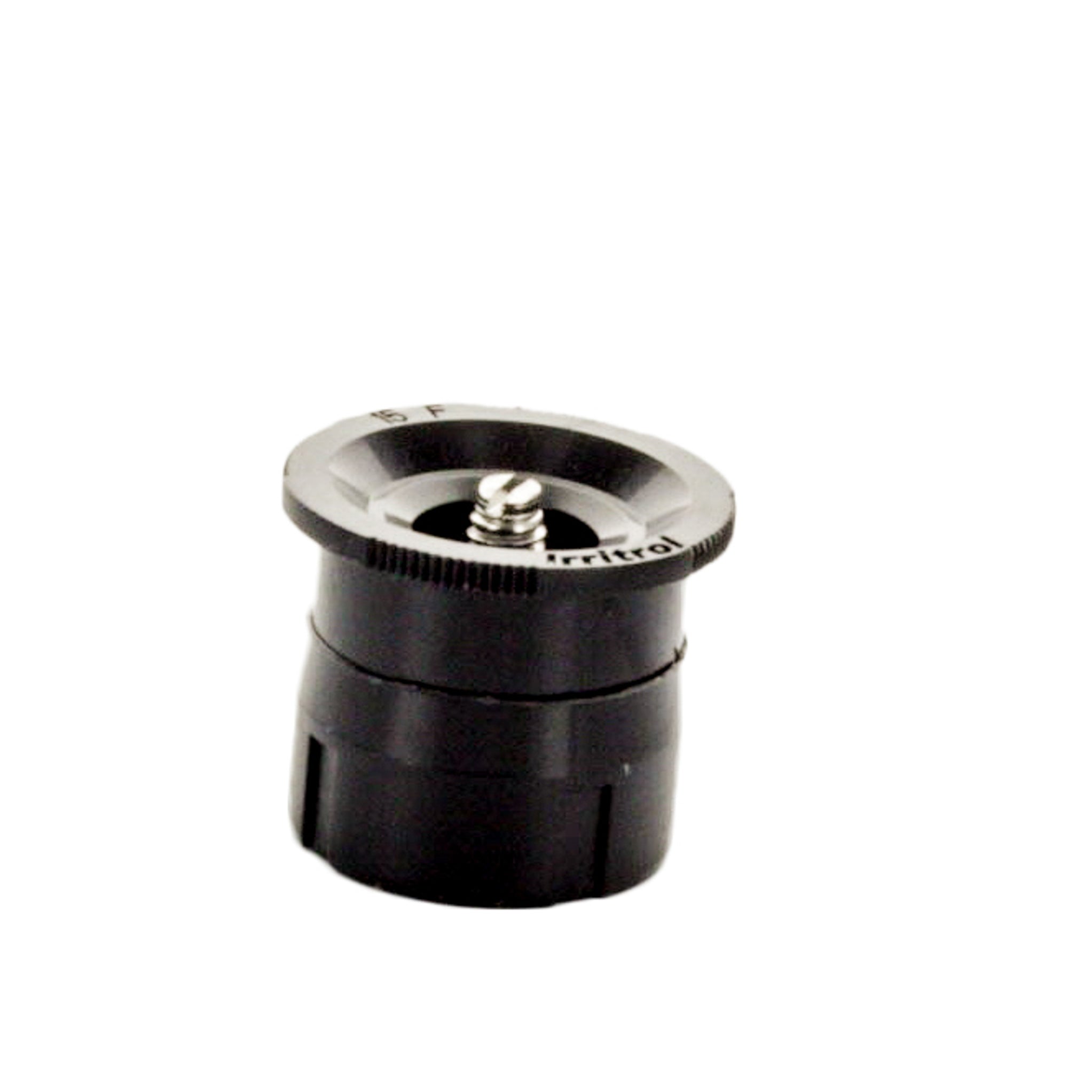 Irritrol IPN-15F black fixed full-circle irrigation nozzle, side view showing color-coded top and built-in filter.