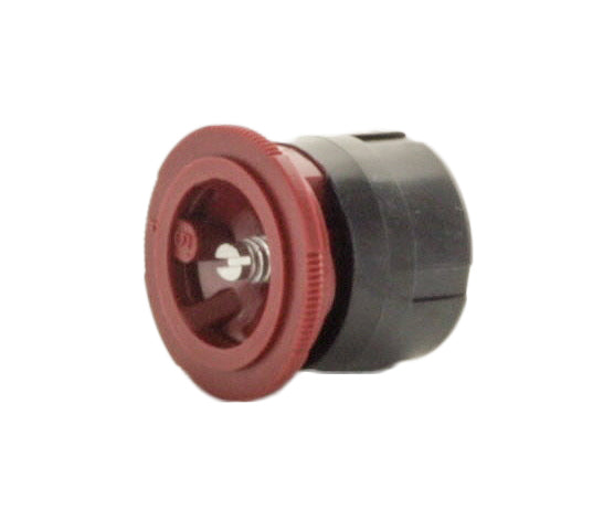 Close-up of Irritrol IPN-5F nozzle showing red top, filter screen and female threads for standard male riser connection