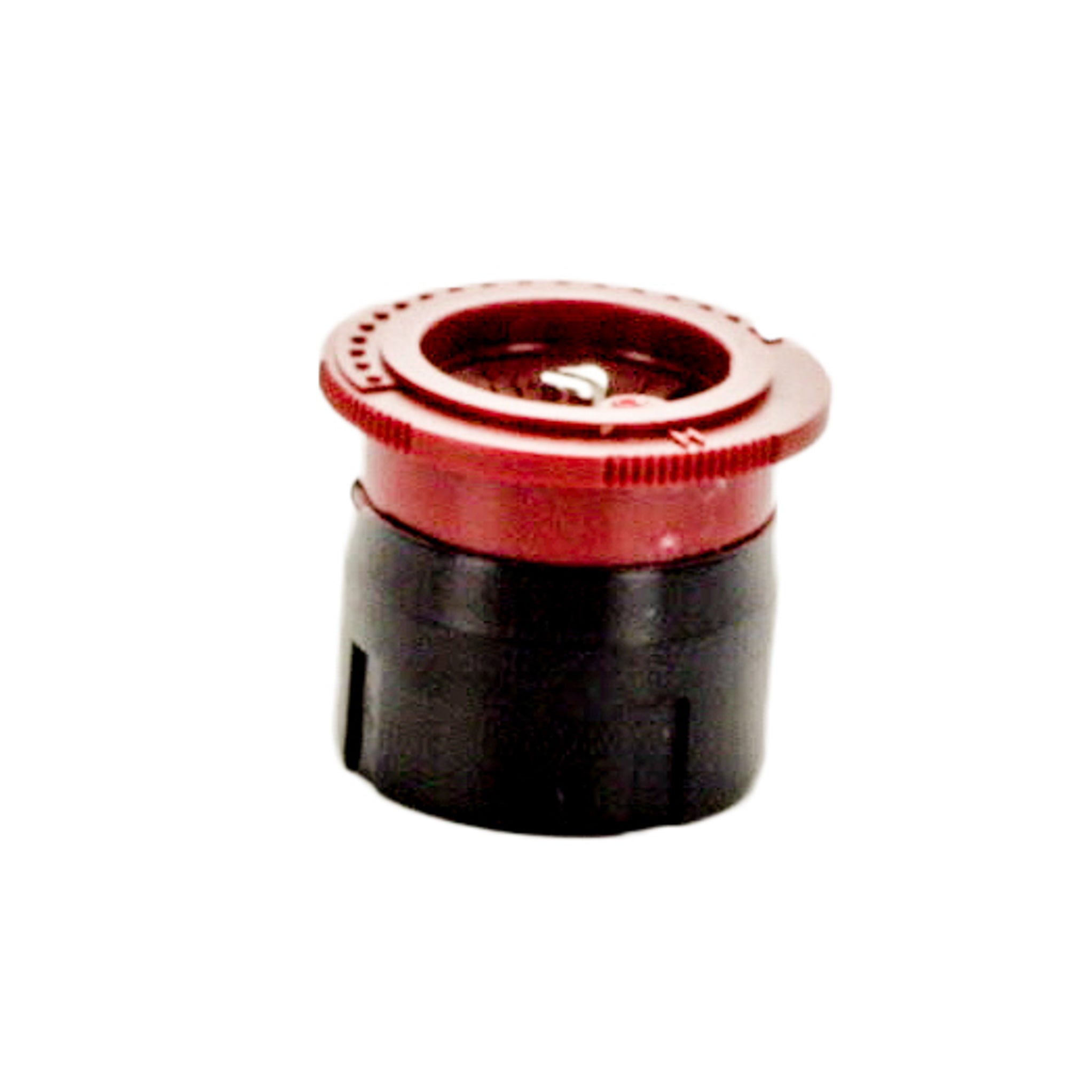 Red Irritrol I-PRO IPN-5H fixed half-circle spray nozzle, 5 ft radius; top view showing color-coded cap, ribbed grip, and threaded inlet.