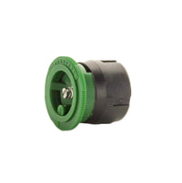 Angled view of IPN-8Q quarter (90°) fixed nozzle installed in a spray head, showing nozzle profile, trajectory angle, and green identification cap.