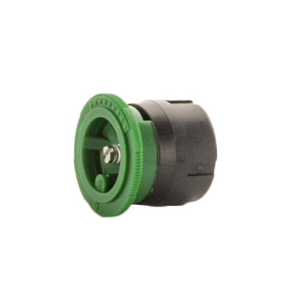Angled view of IPN-8Q quarter (90°) fixed nozzle installed in a spray head, showing nozzle profile, trajectory angle, and green identification cap.