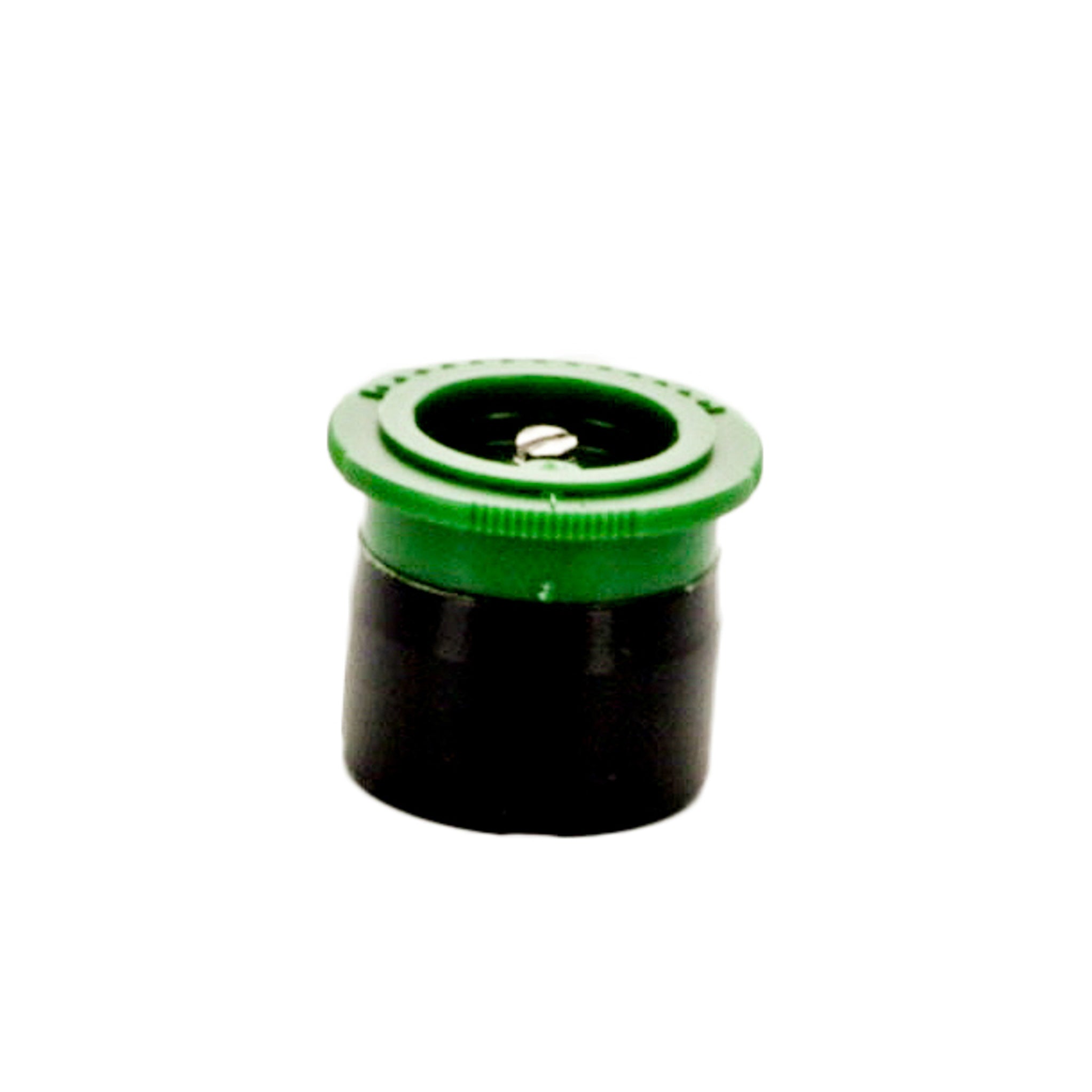 Close-up of green Irritrol IPN-8T I-PRO fixed spray nozzle showing color-coded top, built-in filter, and ribbed grip for removal.