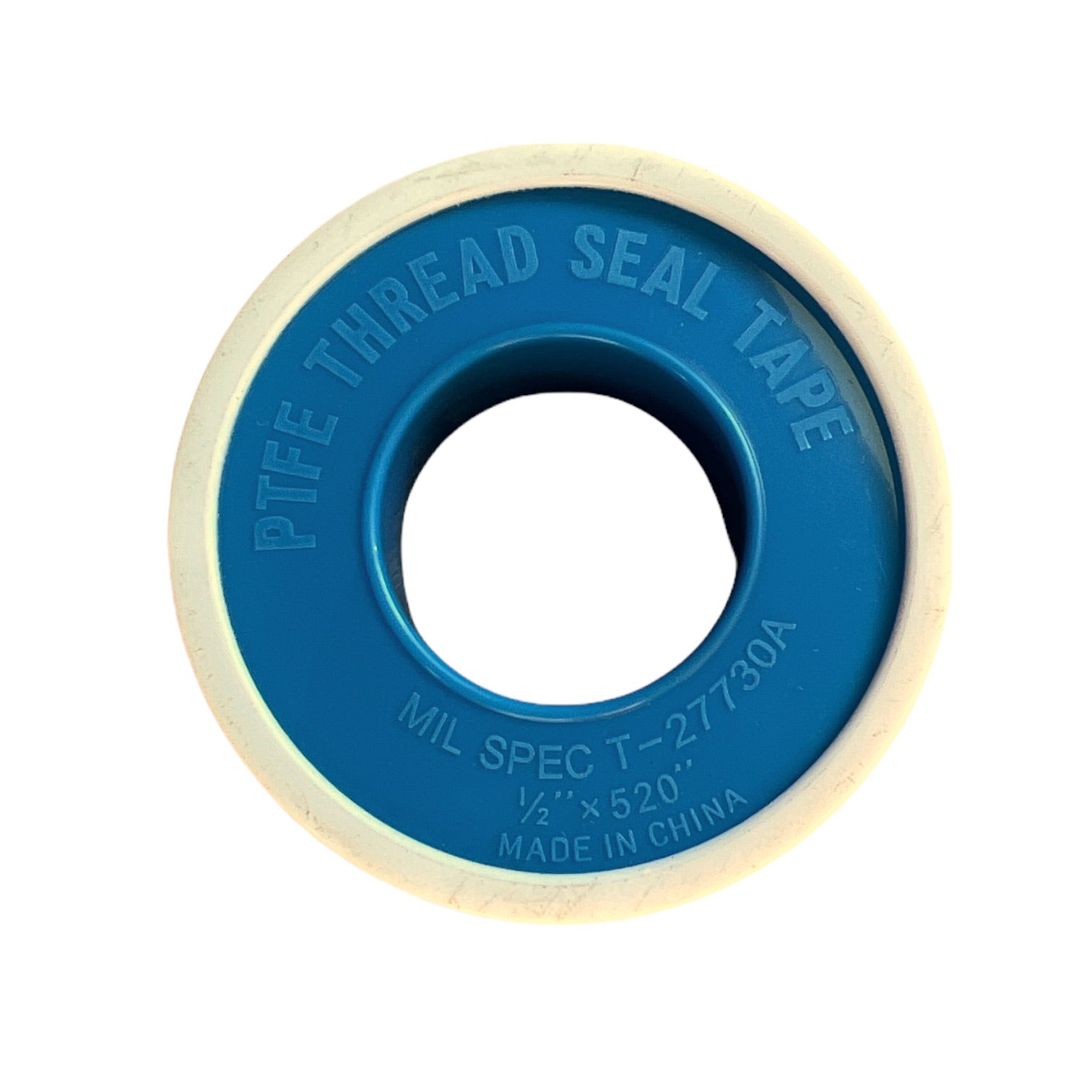 Single roll of American Granby PTFE thread seal tape HTST520-1/2 placed beside irrigation fittings, white tape on spool, clear product detail shot.