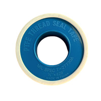 Single roll of American Granby PTFE thread seal tape HTST520-1/2 placed beside irrigation fittings, white tape on spool, clear product detail shot.