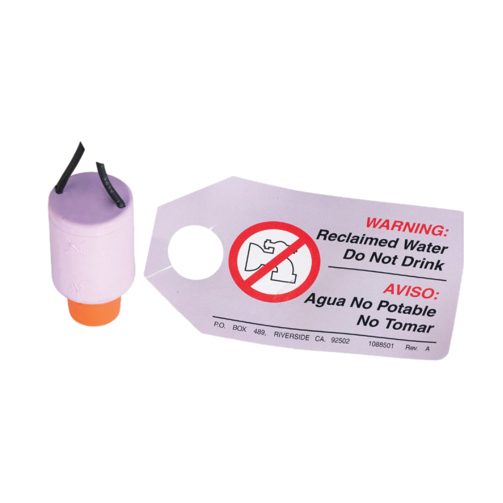 Purple 24 VAC Irritrol RW60-KIT recycled-water solenoid assembly with purple warning tag, product photo on white background.