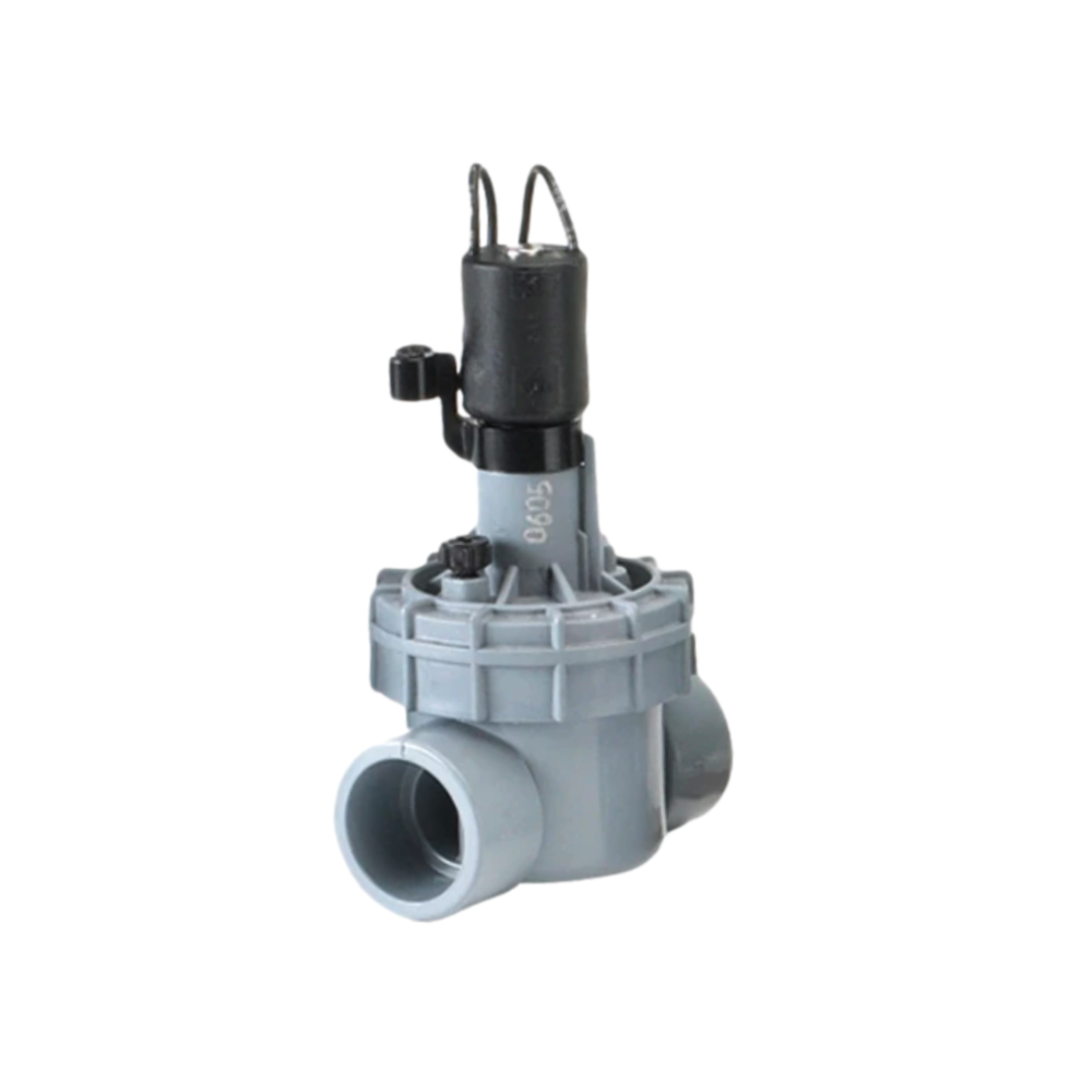 Irritrol 2400 Series 1-inch slip x slip globe valve, side view showing smooth PVC slip connections and robust valve body.
