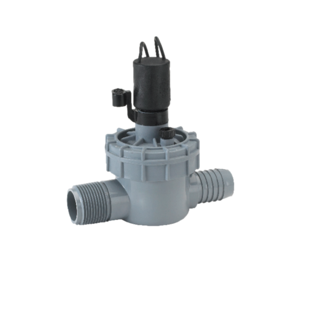 Irritrol 2400 Series 1-inch globe valve, front view showing encapsulated 24 VAC solenoid, inlet and outlet ports, and valve bonnet.