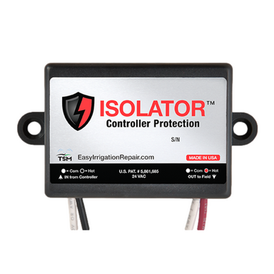 TSM Isolator valve isolator module in white plastic enclosure, front and side view showing wiring terminals and label