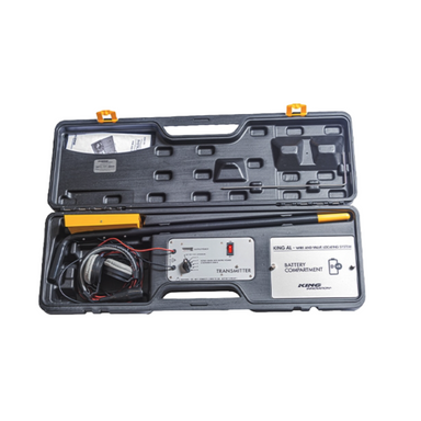 Front view of KING AL 42521 wire and valve locating system showing transmitter, receiver, long-nose wand, headset and carrying case on white background
