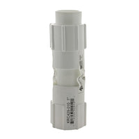 Side view of Dawn KwikRepair PVC coupler KRC429-007 illustrating collapsed and extended sleeve lengths and slip connection for 3/4-inch pipe.