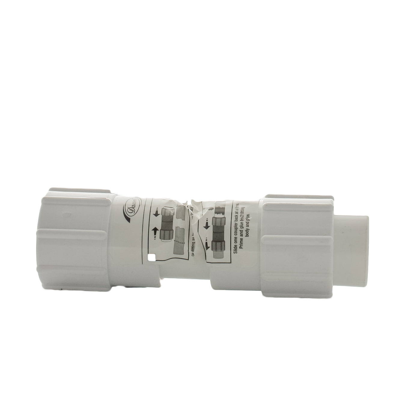 Front-angle view of Dawn KRC429-010 KwikRepair 1-inch PVC repair coupler, white Schedule 40 sleeve showing solvent-weld socket and smooth outer surface.