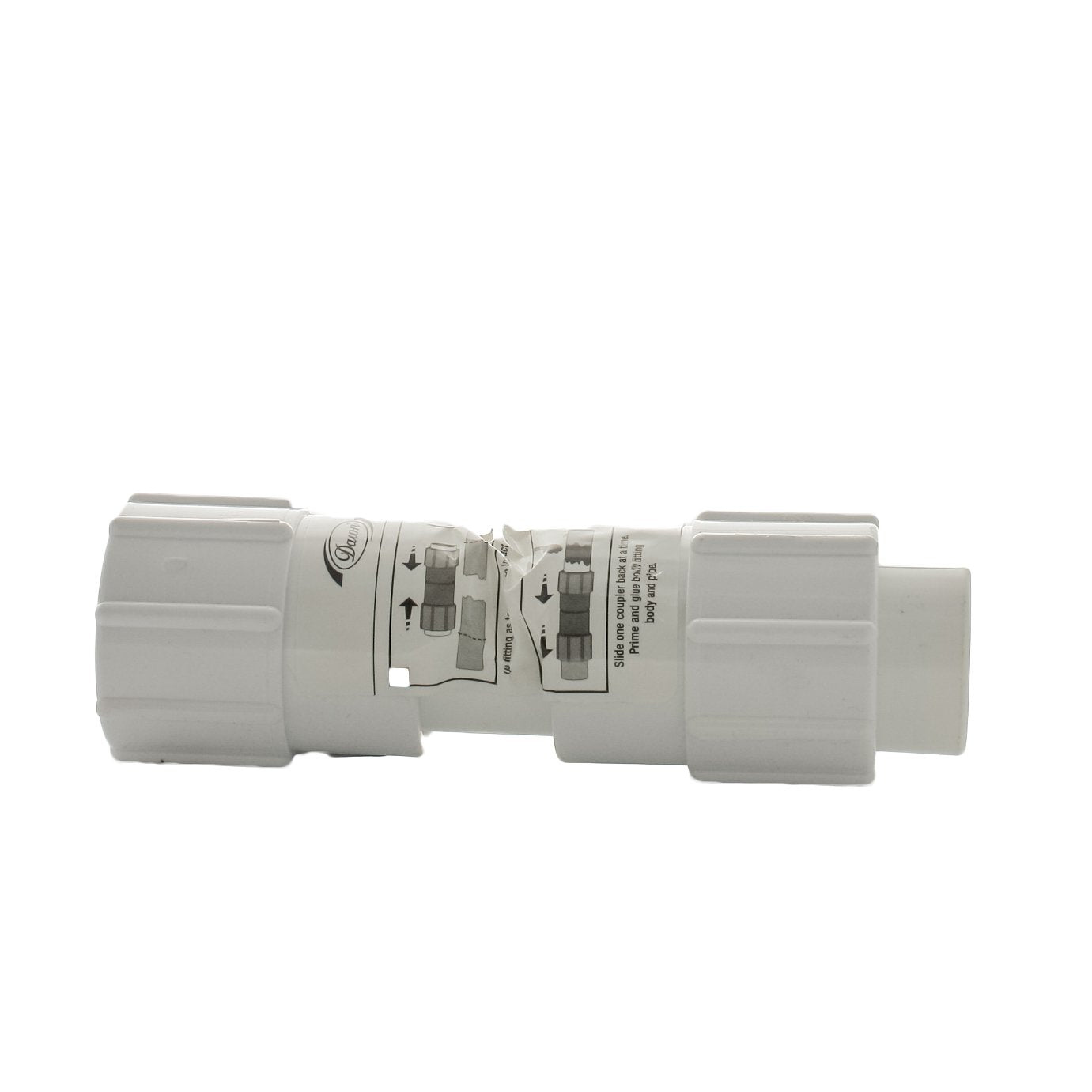 Dawn KwikRepair 4-inch PVC repair coupler shown on white background, angled view highlighting sleeve and slip fittings.