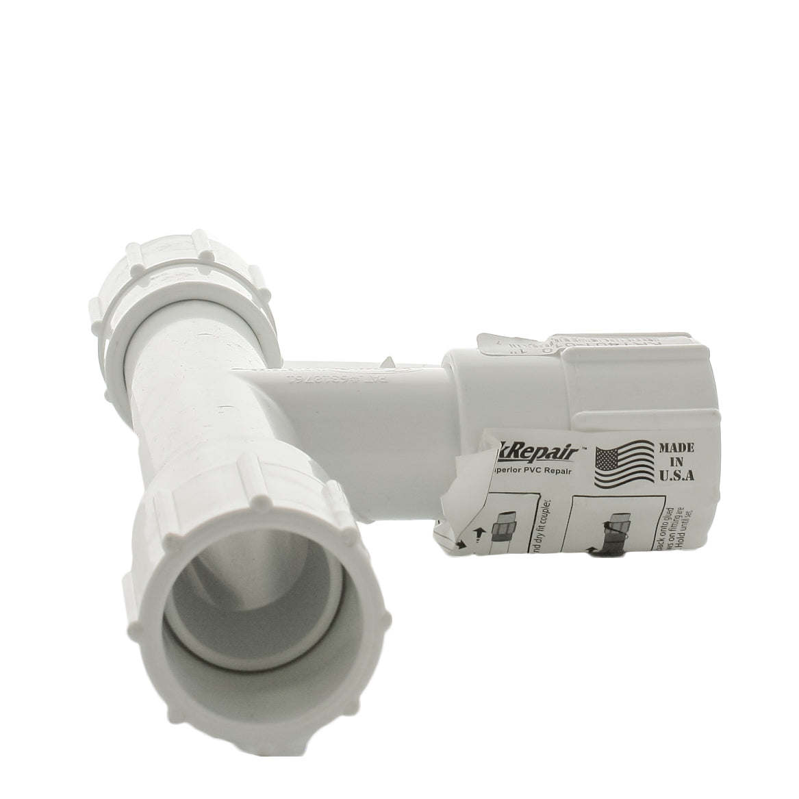 Side view of the Dawn KwikRepair 1-inch tee (KRT401-010) highlighting smooth internal sleeve and white PVC finish for irrigation use.